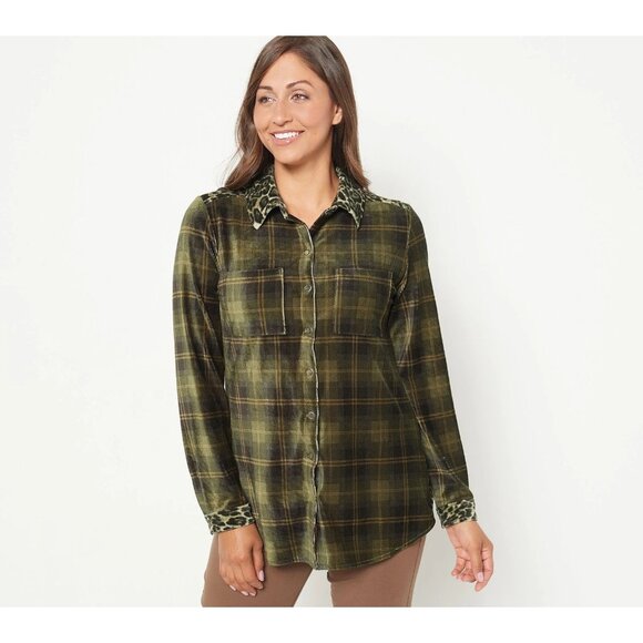 Susan Graver Weekend Petite Plaid Knit Corduroy Tunic Shirt Size XL Hunter Green - Picture 1 of 8
